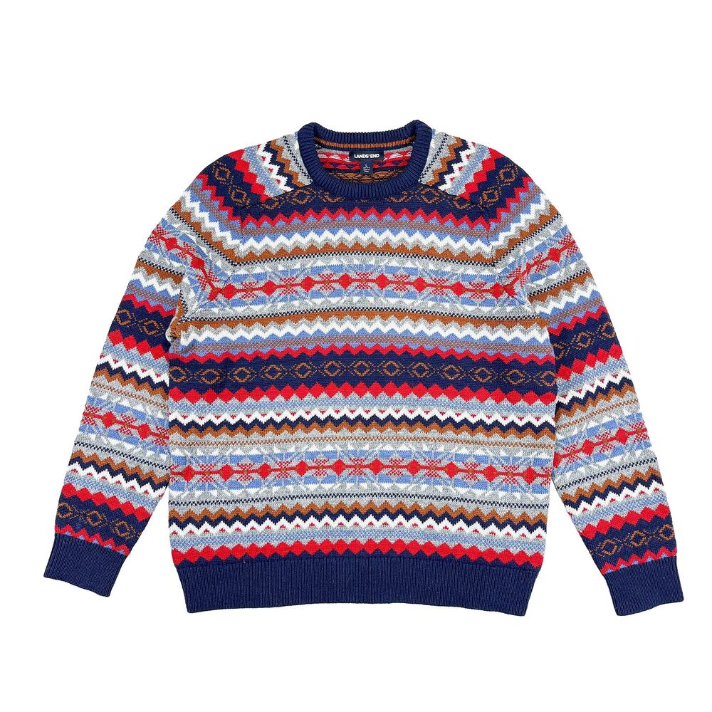Lands’ End Fair Isle Sweater Mens L Navy Blue Red Crewneck Cabin Nordic Grandpa